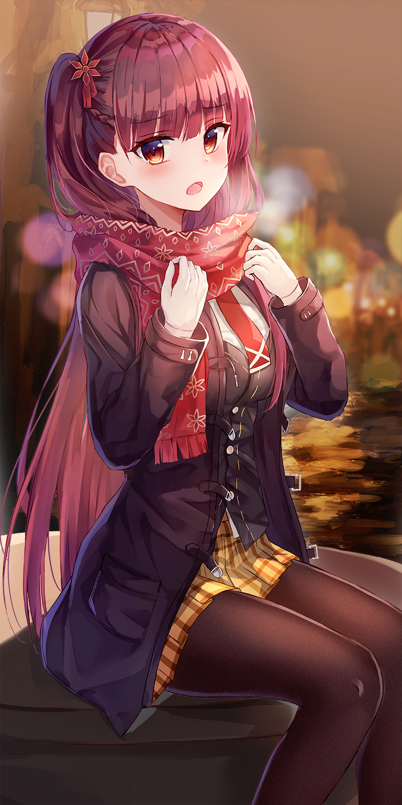 1girl :o black_coat black_shirt blurry bokeh breasts breath brown_legwear buttons coat depth_of_field dress_shirt duffel_coat fringe_trim girls_frontline hair_ornament hands_up highres lkeris long_hair long_sleeves looking_at_viewer medium_breasts miniskirt necktie one_side_up open_clothes open_coat open_mouth pantyhose plaid plaid_skirt pleated_skirt red_eyes red_scarf redhead scarf shirt sitting skirt solo undershirt very_long_hair wa2000_(girls_frontline) white_shirt yellow_skirt