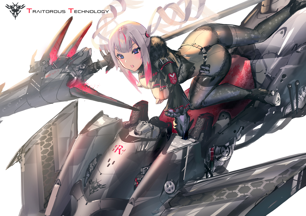 1girl aguy ass bangs belt black_bodysuit black_gloves blue_eyes blush bodysuit breasts commentary drill_hair english_commentary english_text from_above fur_collar gloves ground_vehicle holding holding_weapon lance large_breasts motor_vehicle motorcycle multicolored_hair open_mouth original pink_hair polearm silver_hair simple_background solo star star_print streaked_hair twin_drills twintails v-shaped_eyebrows weapon white_background