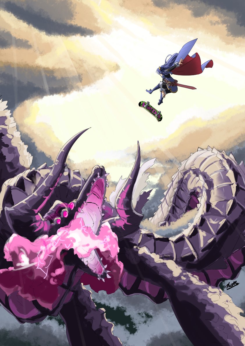1girl automatic_giraffe blue_hair boots cape clouds dark_clouds dragon epic extra_eyes fangs fire_emblem fire_emblem_awakening glowing glowing_eyes grima_(fire_emblem) kickflip lucina lucina_(fire_emblem) midair monster outstretched_arm scabbard sheath skateboard sunlight sword tiara weapon