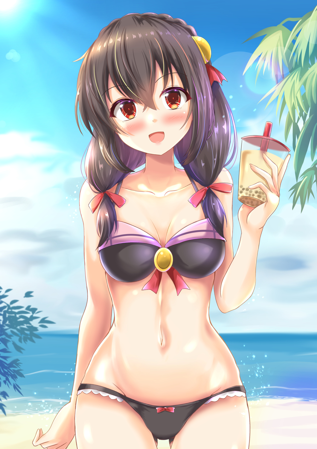 1girl bare_shoulders beach bikini black_bikini black_hair blush braid breasts bubble_tea collarbone commentary_request day hair_ornament highres kono_subarashii_sekai_ni_shukufuku_wo! large_breasts long_hair looking_at_viewer navel open_mouth outdoors radek_ken red_eyes smile swimsuit water yunyun_(konosuba)