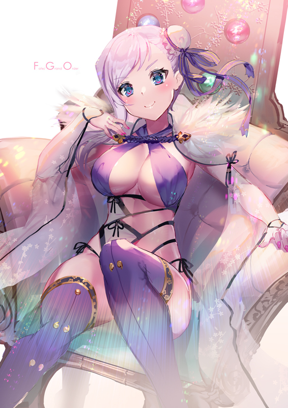 1girl aguy asymmetrical_hair bangs bare_shoulders blue_eyes blue_legwear blue_ribbon blue_swimsuit blush breasts bun_cover cape criss-cross_halter detached_sleeves fate/grand_order fate_(series) fur-trimmed_cape fur_trim hair_bun hair_ribbon halterneck large_breasts long_hair looking_at_viewer miyamoto_musashi_(fate/grand_order) miyamoto_musashi_(swimsuit_berserker)_(fate) navel pink_hair ribbon side_bun sitting smile solo swept_bangs swimsuit thigh-highs thighs two-tone_swimsuit white_cape white_swimsuit