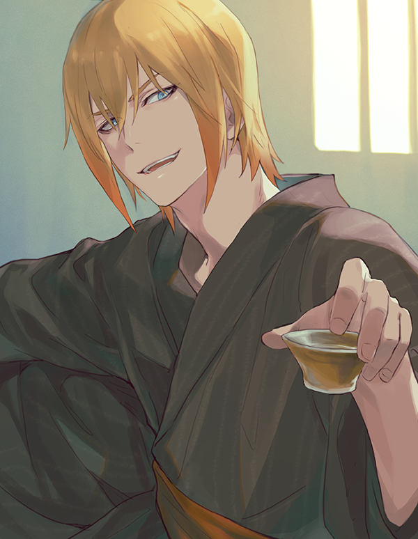 1boy :d bangs blonde_hair blue_eyes brown_kimono cup eizen_(tales) gradient_hair hair_between_eyes holding indoors isa_(peien516) japanese_clothes kimono looking_at_viewer male_focus multicolored_hair open_mouth orange_hair sakazuki sitting smile solo tales_of_(series) tales_of_berseria