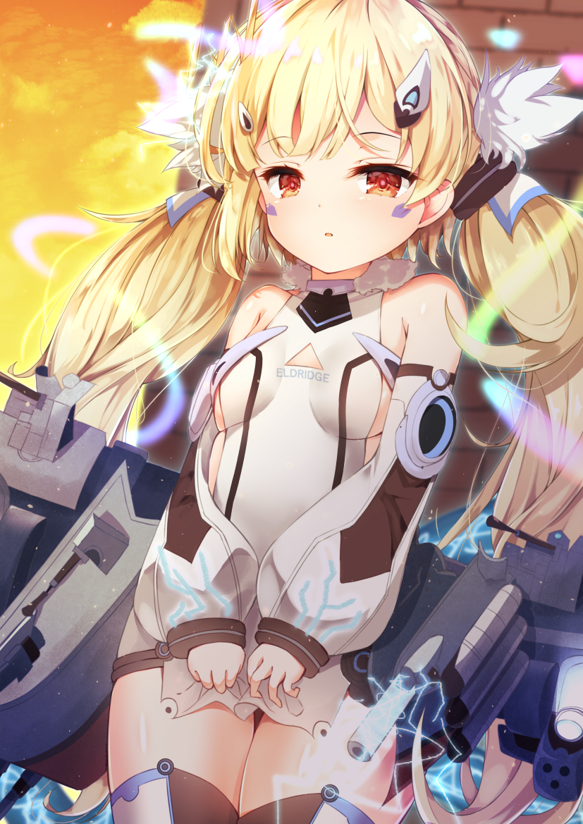 1girl ahoge azur_lane bangs bare_shoulders blonde_hair breasts cannon cleavage_cutout commentary_request detached_sleeves eldridge_(azur_lane) loli_ta1582 long_hair looking_at_viewer parted_lips red_eyes rigging sideboob small_breasts solo standing tabard thigh-highs thighs twintails very_long_hair