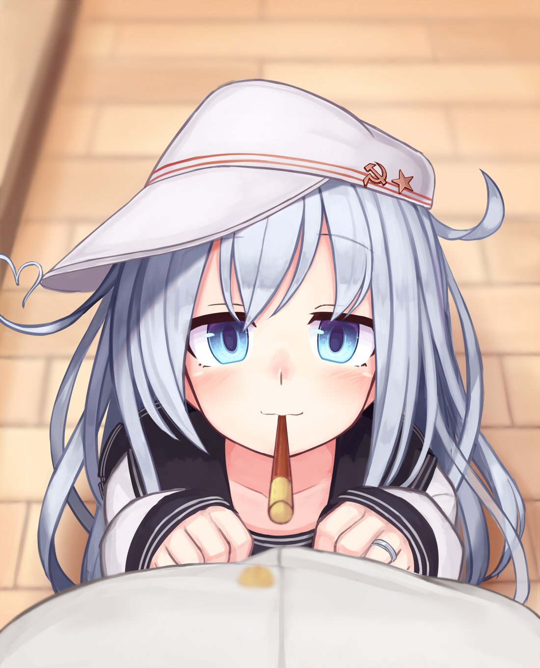 1boy 1girl admiral_(kantai_collection) bangs blue_eyes blurry blurry_background blush eyebrows_visible_through_hair flat_cap food hammer_and_sickle hat heart_hair hibiki_(kantai_collection) highres jewelry kantai_collection long_hair long_sleeves mouth_hold out_of_frame pocky pocky_day pov reitou_mikan ring sailor_collar school_uniform serafuku silver_hair star verniy_(kantai_collection) wedding_band white_headwear