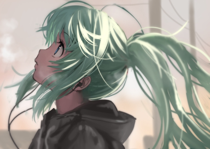 1girl aqua_hair bangs black_hoodie blue_eyes breath commentary_request earphones eyebrows_visible_through_hair from_side hatsune_miku hood hood_down long_hair looking_away looking_up outdoors profile solo telephone_pole tshangen131 twintails upper_body vocaloid