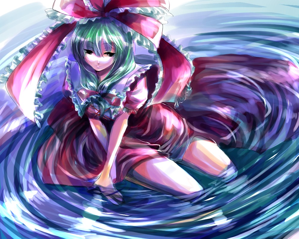 green_hair hair_ribbon kagiyama_hina kobanzame ribbon sitting solo touhou