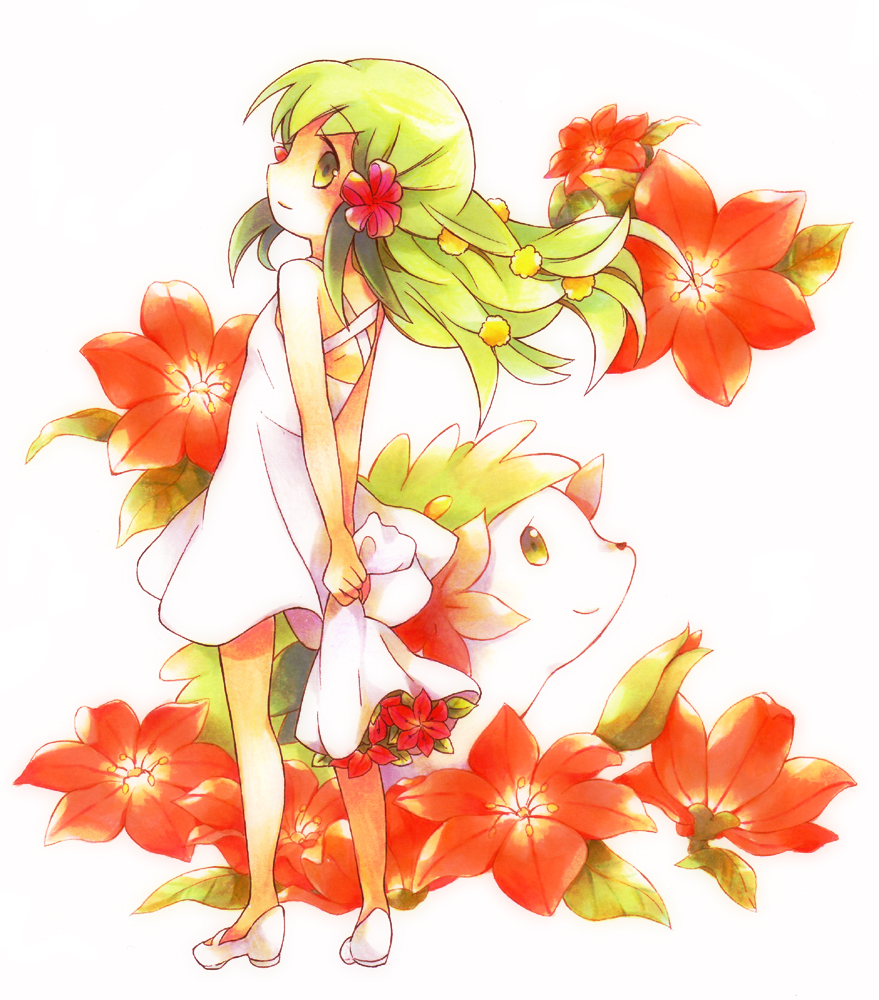 arms_behind_back bare_shoulders bouquet colored_pencil_(medium) dress flower green_eyes green_hair hair_ornament long_hair marker_(medium) mary_janes mixed_media moemon nintendo no_socks personification pokemon shaymin shoes simple_background smile solo sundress tachitsu_teto tatetsu_teto traditional_media white_background