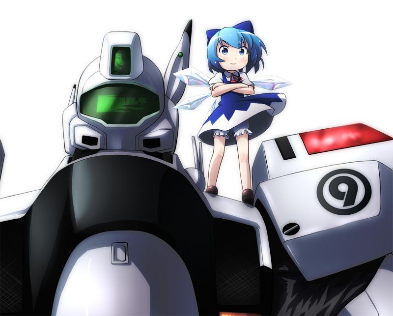 av-98_ingram blue_eyes blue_hair bow cirno crossed_arms dress hair_bow kidou_keisatsu_patlabor kusaba mecha patlabor police touhou ⑨