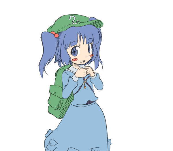 backpack bag blue_eyes blue_hair blush_stickers hair_bobbles hair_ornament hands_together hat kawashiro_nitori key short_hair simple_background smile solo touhou twintails white_background