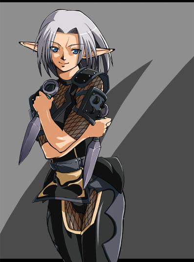 elf elvaan final_fantasy final_fantasy_xi fishnets ninja pointy_ears short_hair silver_hair solo