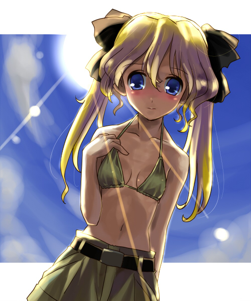 bikini bikini_top blonde_hair blue_eyes hair_ribbon hair_ribbons katahira_masashi long_hair midriff navel original ribbon ribbons solo swimsuit twintails