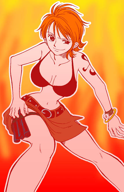 bad_proportions bikini_top chabudai clima-tact female girl nami one_piece orange_hair pirate short_hair skirt solo swimsuit tattoo