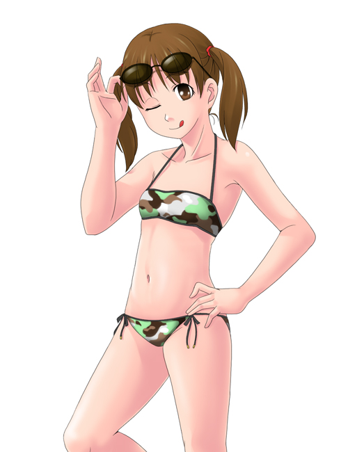 :q bikini brown_eyes brown_hair camouflage fatigues flat_chest fukuzawa_yumi glasses hand_on_hip lowleg lowleg_bikini maria-sama_ga_miteru navel short_hair short_twintails side-tie_bikini solo sunglasses sunglasses_on_head swimsuit tongue toshifumi twintails wink