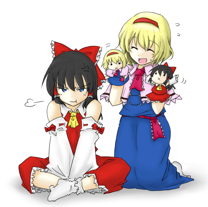 :x alice_margatroid angry black_hair blonde_hair blue_eyes character_doll closed_eyes detached_sleeves hairband hakurei_reimu hand_puppet indian_style kneeling lysander_z pout puppet raisandaa_z short_hair sitting socks touhou v_arms