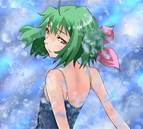 doroame green_hair lowres macross macross_frontier one-piece one-piece_swimsuit ranka_lee short_hair swimsuit