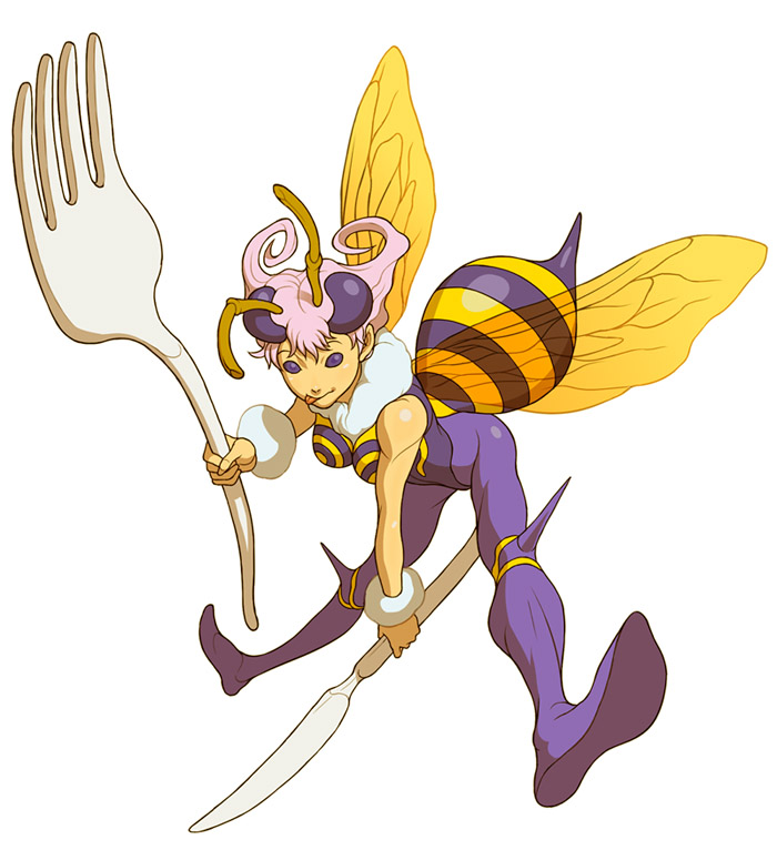 antenna ass bee bee_girl breasts capcom darkstalkers fork insect_girl insect_wings knife monster_girl oversized_object pink_hair q-bee tongue vampire_(game) wings yamamiya_hiroshi