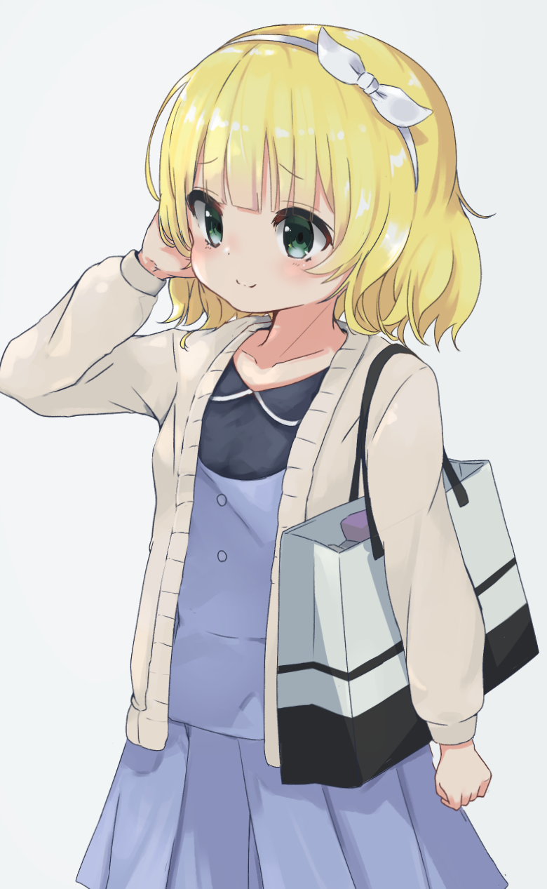 1girl bag bangs black_shirt blonde_hair blue_dress blush brown_jacket closed_mouth collarbone collared_shirt commentary_request dress eyebrows_visible_through_hair gochuumon_wa_usagi_desu_ka? green_eyes grey_background hair_ribbon hairband hand_in_hair hand_up highres houjichaoic jacket kirima_sharo long_sleeves looking_away open_clothes open_jacket paper_bag pleated_dress ribbon shirt simple_background smile solo white_hairband white_ribbon