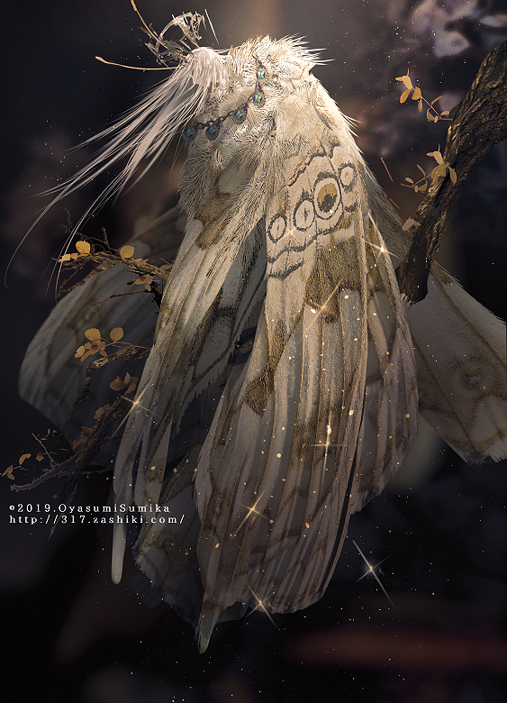 1boy antennae closed_eyes commentary_request full_body gem glint halo in_tree insect_boy jewelry long_hair male_focus miniboy miyina moth_wings necklace pale_skin pixiv_fantasia pixiv_fantasia_last_saga profile solo sparkle tree tree_branch watermark web_address white_hair wings
