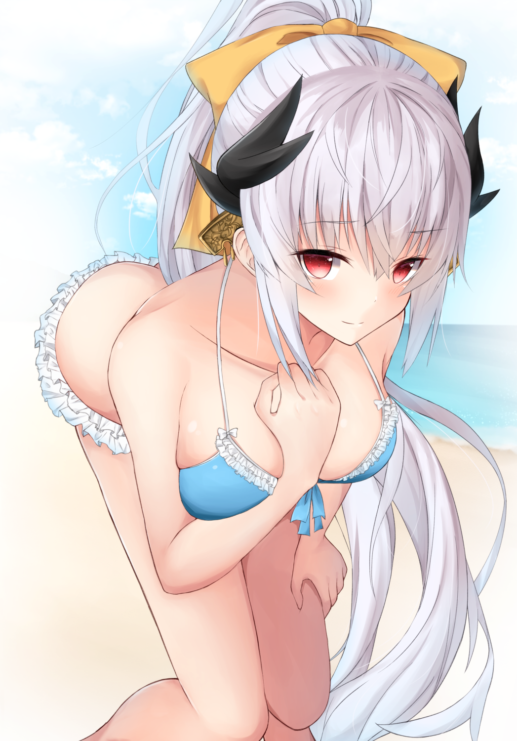 1girl bangs bare_arms bare_legs beach bikini blue_bikini blush bow breasts closed_mouth clouds collarbone dragon_horns eyebrows_visible_through_hair eyes_visible_through_hair fate/grand_order fate_(series) feet_out_of_frame frilled_bikini frills front-tie_bikini front-tie_top hair_between_eyes hair_ornament hair_ribbon hand_on_own_chest highres horns kiyohime_(fate/grand_order) kiyohime_(swimsuit_lancer)_(fate) large_breasts leaning_forward light_smile long_hair looking_at_viewer ocean outdoors ponytail red_eyes ribbon solo standing swimsuit very_long_hair water white_hair yellow_bow yuzuzukushi