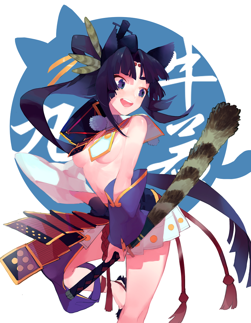 1girl animal_ears armor bangs black_hair breasts cowboy_shot detached_sleeves eyebrows fate/grand_order fate_(series) holding holding_weapon japanese_armor ling6413 long_hair no_bra open_mouth parted_bangs sidelocks simple_background small_breasts solo tail teeth ushiwakamaru_(fate/grand_order) violet_eyes weapon