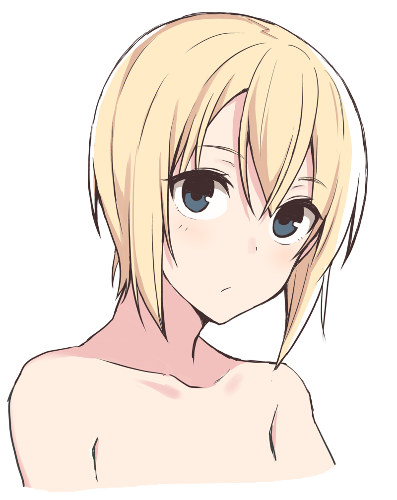 1girl bare_shoulders blonde_hair blue_eyes blush closed_mouth collarbone erica_hartmann eyebrows_visible_through_hair looking_at_viewer momiji7728 short_hair simple_background solo strike_witches upper_body white_background world_witches_series