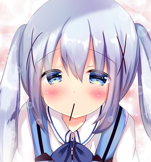 1girl blush food food_in_mouth gochuumon_wa_usagi_desu_ka? hair_ornament holding holding_food incoming_pocky_kiss kafuu_chino kafuu_chino's_school_uniform light_blue_hair looking_at_viewer mouth_hold pocky pocky_day pocky_kiss rikatan school_uniform shared_food sharing_food solo twintails x_hair_ornament