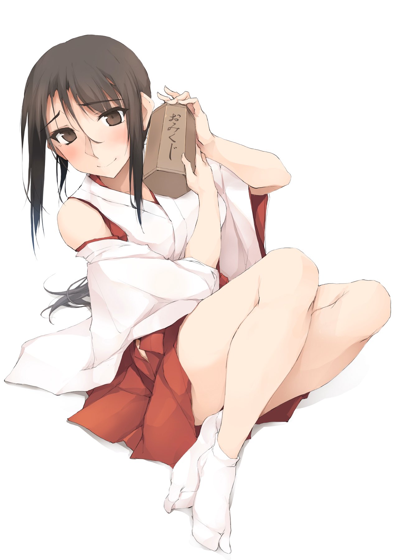 1girl alternate_costume black_hair blush breasts brown_eyes cosplay highres japanese_clothes kitano_(zekkyon) large_breasts long_hair looking_at_viewer miko original ponytail socks thick_thighs thighs zekkyon