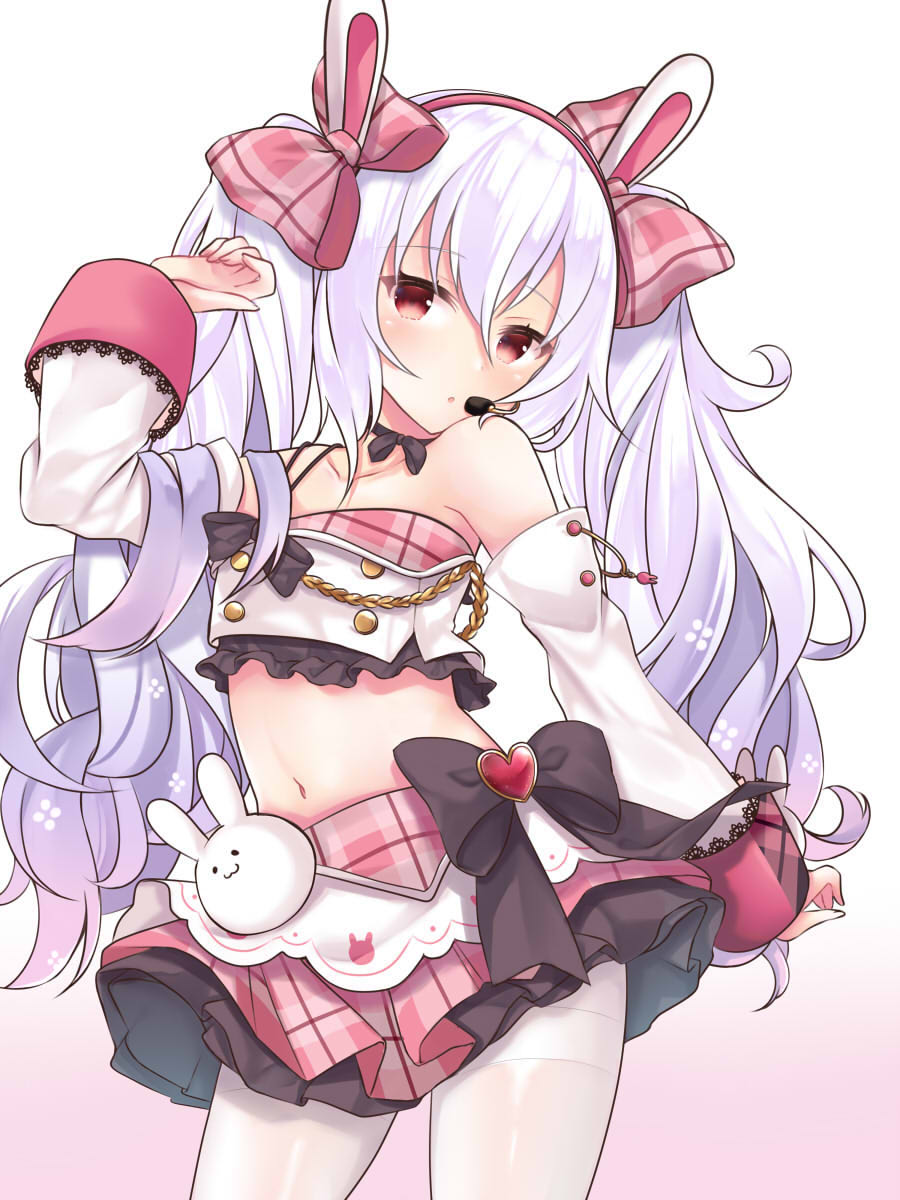 1girl :o animal_ears arm_up azur_lane bangs bare_shoulders black_bow blush bow collarbone commentary_request crop_top detached_sleeves eyebrows_visible_through_hair frilled_shirt frills gradient gradient_background gradient_hair hair_between_eyes hair_bow hairband headset heart highres laffey_(azur_lane) laffey_(halfhearted_bunny_idol)_(azur_lane) long_hair long_sleeves midriff multicolored_hair navel parted_lips pink_background pink_skirt plaid plaid_bow plaid_skirt pleated_skirt purple_hair rabbit_ears red_bow red_eyes red_hairband shirt silver_hair single_strap skirt sleeves_past_wrists solo tosakaoil twintails very_long_hair white_background white_shirt white_sleeves