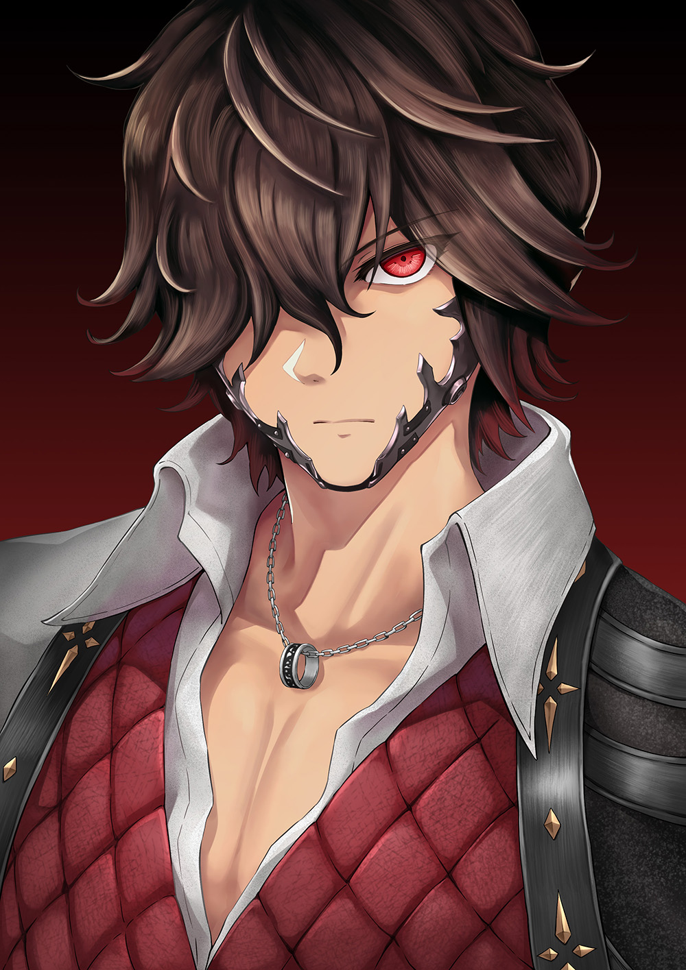 1boy black_background brown_hair code_vein collared_shirt commentary english_commentary expressionless eyebrows_visible_through_hair hair_over_one_eye highres jewelry looking_at_viewer louis_(code_vein) male_focus necklace red_background red_eyes red_vest shirt short_hair solo two-tone_background upper_body vampire vest white_shirt yuki7128