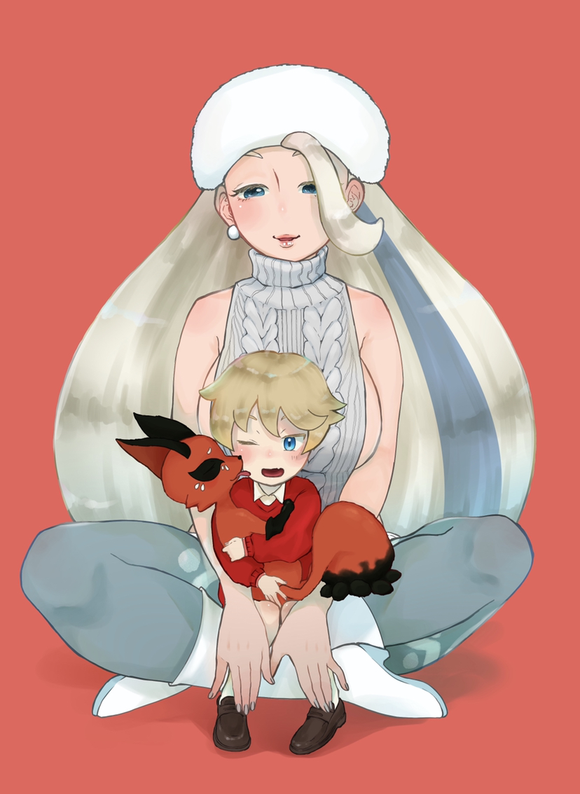 1boy 1girl age_difference blonde_hair blue_eyes blush breasts ear_piercing earrings hat jewelry large_breasts long_hair looking_at_another looking_down melony_(pokemon) nickit one_eye_closed piercing pokemon pokemon_(game) pokemon_swsh sitting sitting_on_lap sitting_on_person smile sweater very_long_hair white_sweater winter_clothes yamashita_momiyo youngster_(pokemon)