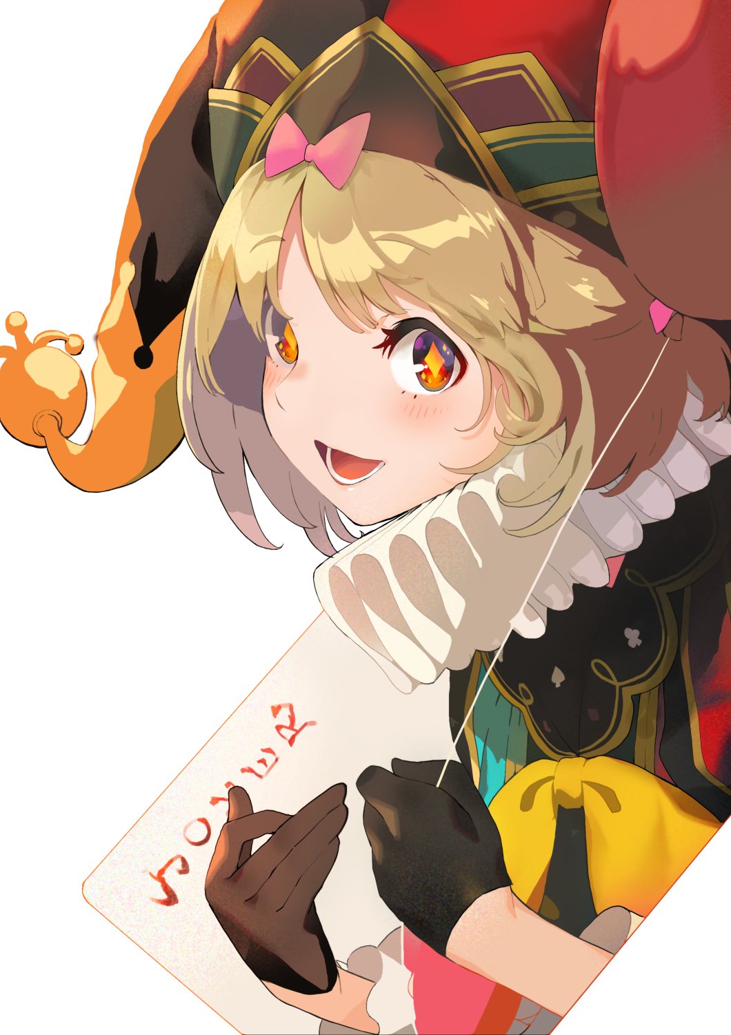 +_+ 1girl balloon black_gloves blonde_hair bow card clover eyebrows_visible_through_hair gloves hat highres jester jester_cap joker looking_at_viewer neck_ruff orange_eyes original playing_card ribbon short_hair solo spade_(shape) symbol-shaped_pupils white_background zenmaibook