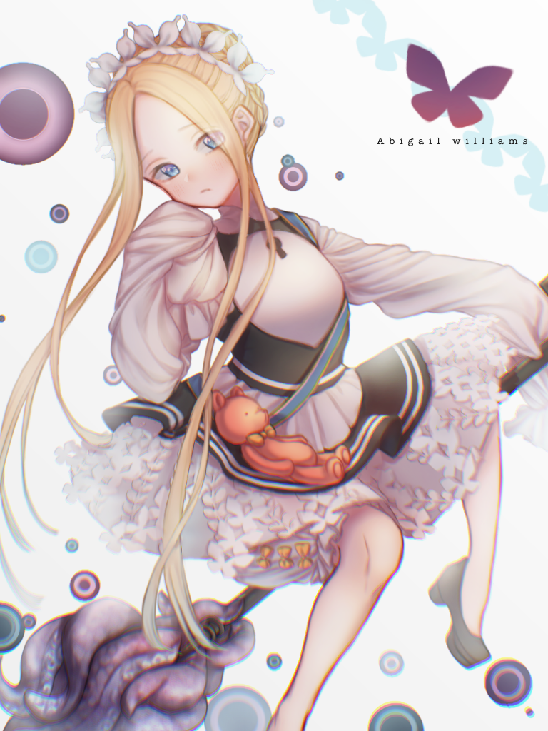 1girl abigail_williams_(fate/grand_order) apron bangs black_skirt blonde_hair blue_eyes blush bow bug butterfly butterfly_hair_ornament character_name closed_mouth commentary_request eyebrows_visible_through_hair fate/grand_order fate_(series) forehead hair_ornament heroic_spirit_festival_outfit insect key long_hair long_sleeves maid maid_apron maid_headdress orange_bow parted_bangs purple_butterfly revision rincuterinangel965yeah shoes skirt sleeves_past_elbows sleeves_past_fingers sleeves_past_wrists solo stuffed_animal stuffed_toy teddy_bear very_long_hair white_bow