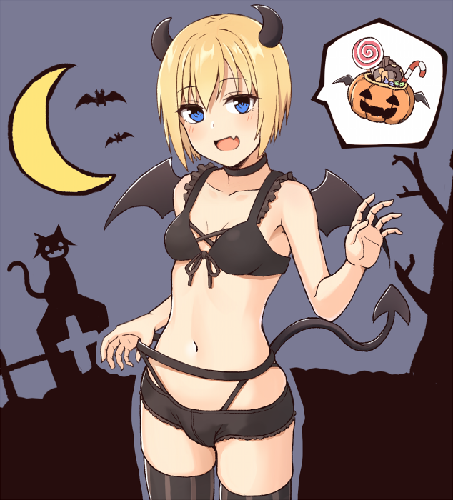 1girl bat black_bra black_legwear black_neckwear black_shorts blonde_hair blue_eyes blush bra breasts cat choker crescent demon_horns demon_tail demon_wings erica_hartmann fake_horns fang halloween halloween_basket halloween_costume horns looking_at_viewer momiji7728 navel night night_sky open_mouth pumpkin shiny shiny_hair short_hair shorts sky small_breasts smile solo strike_witches tail thigh-highs tongue tree underwear wings world_witches_series