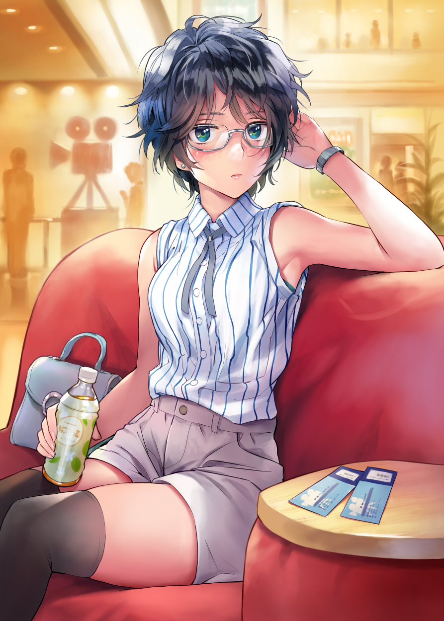 1girl arm_up armpits bag bangs bare_arms bare_shoulders black_hair black_legwear blue_eyes blush bottle breasts commentary_request couch earrings feet_out_of_frame glasses grey_neckwear grey_ribbon grey_shorts handbag highres holding holding_bottle indoors jewelry looking_at_viewer matsuda_(matsukichi) medium_breasts neck_ribbon original ribbon shirt short_hair short_shorts shorts sitting sleeveless sleeveless_shirt solo striped striped_shirt thigh-highs thighs vertical-striped_shirt vertical_stripes white_shirt