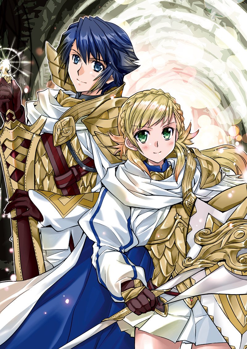 1boy 1girl anna_(fire_emblem) blonde_hair blue_eyes blue_hair brother_and_sister cape fire_emblem fire_emblem_heroes gloves green_eyes holding holding_spear holding_sword holding_weapon kiran_(fire_emblem) looking_at_viewer morozumi_(kaorin) pauldrons polearm siblings smile spear sword weapon