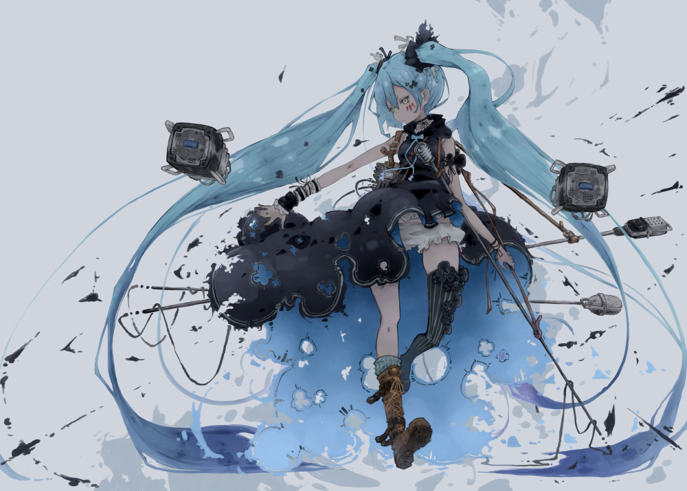 aqua_eyes aqua_hair black_dress black_legwear boots detached_sleeves dress hatsune_miku kona_(konahana) microphone necktie skirt sleeveless thigh-highs thigh_boots twintails vocaloid