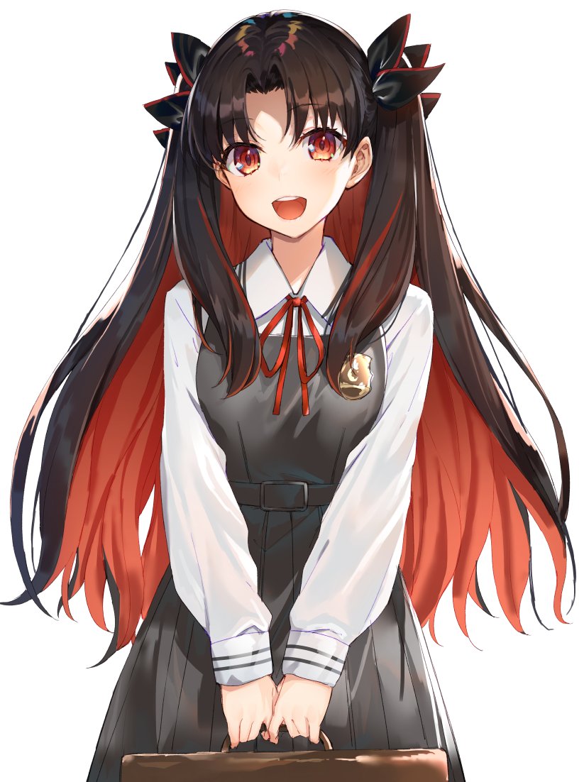 1girl :d bangs belt belt_buckle black_bow black_dress blush bow brown_hair buckle collared_shirt cowboy_shot dress dress_shirt eyebrows_visible_through_hair fate/grand_order fate_(series) hair_between_eyes hakuishi_aoi holding long_hair looking_at_viewer multicolored_hair neck_ribbon open_mouth parted_bangs pinafore_dress red_eyes red_neckwear redhead ribbon school_briefcase shirt sidelocks smile solo space_ishtar_(fate) two-tone_hair two_side_up upper_teeth very_long_hair