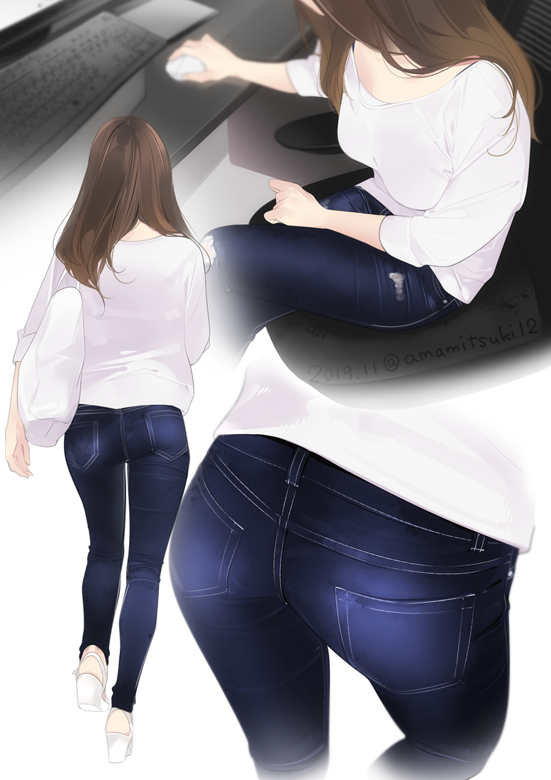 1girl ama_mitsuki ass bag blouse breasts brown_hair chair crossed_legs dated denim desk from_behind holding jeans keyboard_(computer) long_hair medium_breasts mouse_(computer) multiple_views original pants shoulder_bag simple_background sitting standing twitter_username white_background white_blouse