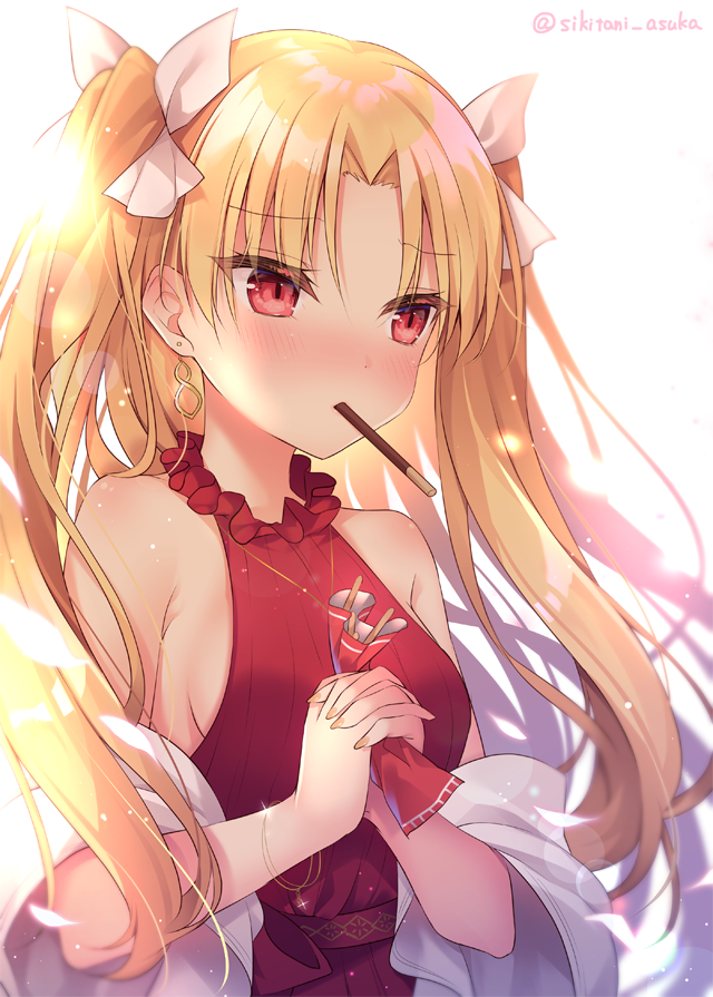 1girl alternate_costume backlighting blonde_hair blush commentary_request dress earrings ereshkigal_(fate/grand_order) fate/grand_order fate_(series) food food_in_mouth hands_clasped jewelry long_hair nail_polish off_shoulder own_hands_together pocky pocky_day red_dress red_eyes shikitani_asuka solo twitter_username two_side_up upper_body