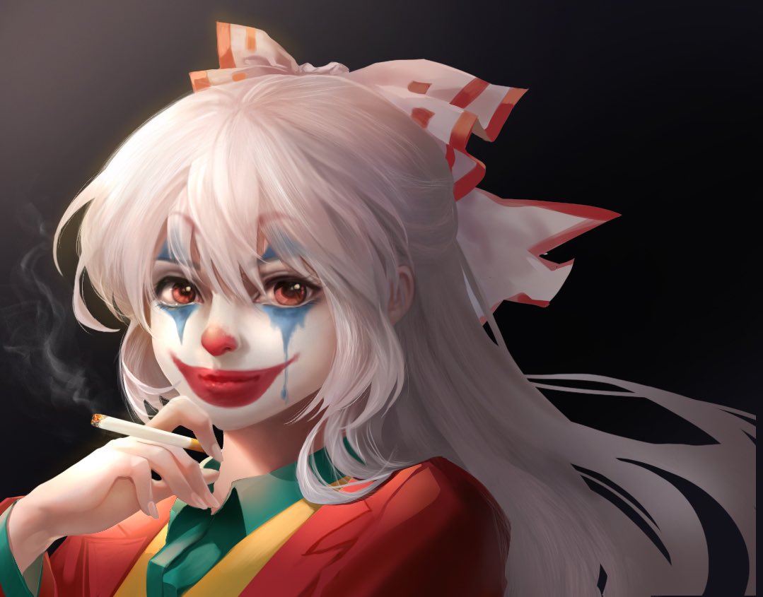 1girl arthur_fleck bangs cigarette clown cosplay eyebrows_visible_through_hair facepaint fujiwara_no_mokou green_shirt hair_between_eyes hand_up holding holding_cigarette joker_(2019) long_hair looking_at_viewer portrait red_eyes red_suit shangguan_feiying shirt sidelocks silver_hair smile smoke solo the_joker the_joker_(cosplay) touhou wing_collar