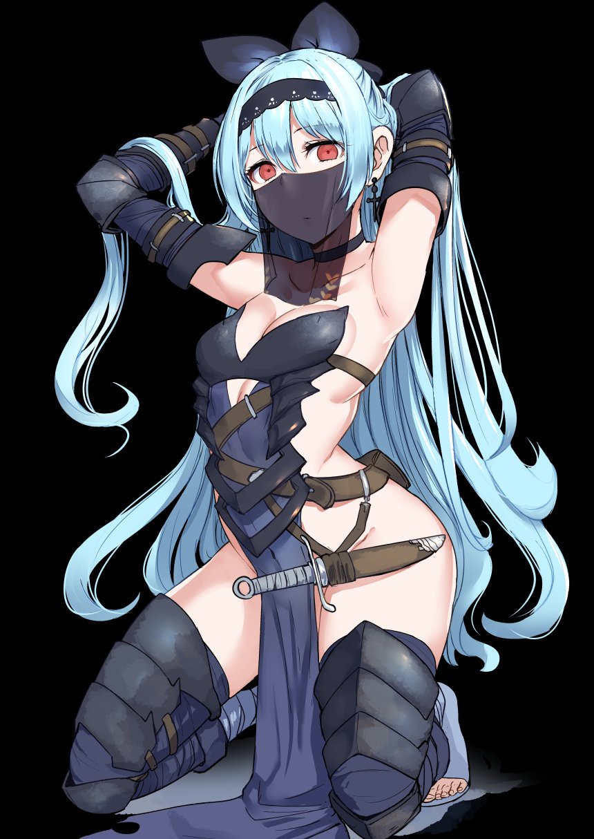 1girl :o armor armored_boots armpits arms_behind_head backless_dress backless_outfit bare_shoulders belt belt_pouch black_background boots breasts choker cross cross_earrings dot_pupils dress earrings elbow_gloves gauntlets girls_frontline gloves headdress highres jewelry knife knife_holster leg_armor light_blue_hair long_hair looking_at_viewer medium_breasts miyamoto_issa navy_blue_dress open_toe_shoes pelvic_curtain pouch red_eyes solo squatting strapless strapless_dress thigh-highs thighs toeless_boots toeless_legwear toes tokarev_(girls_frontline) veil very_long_hair