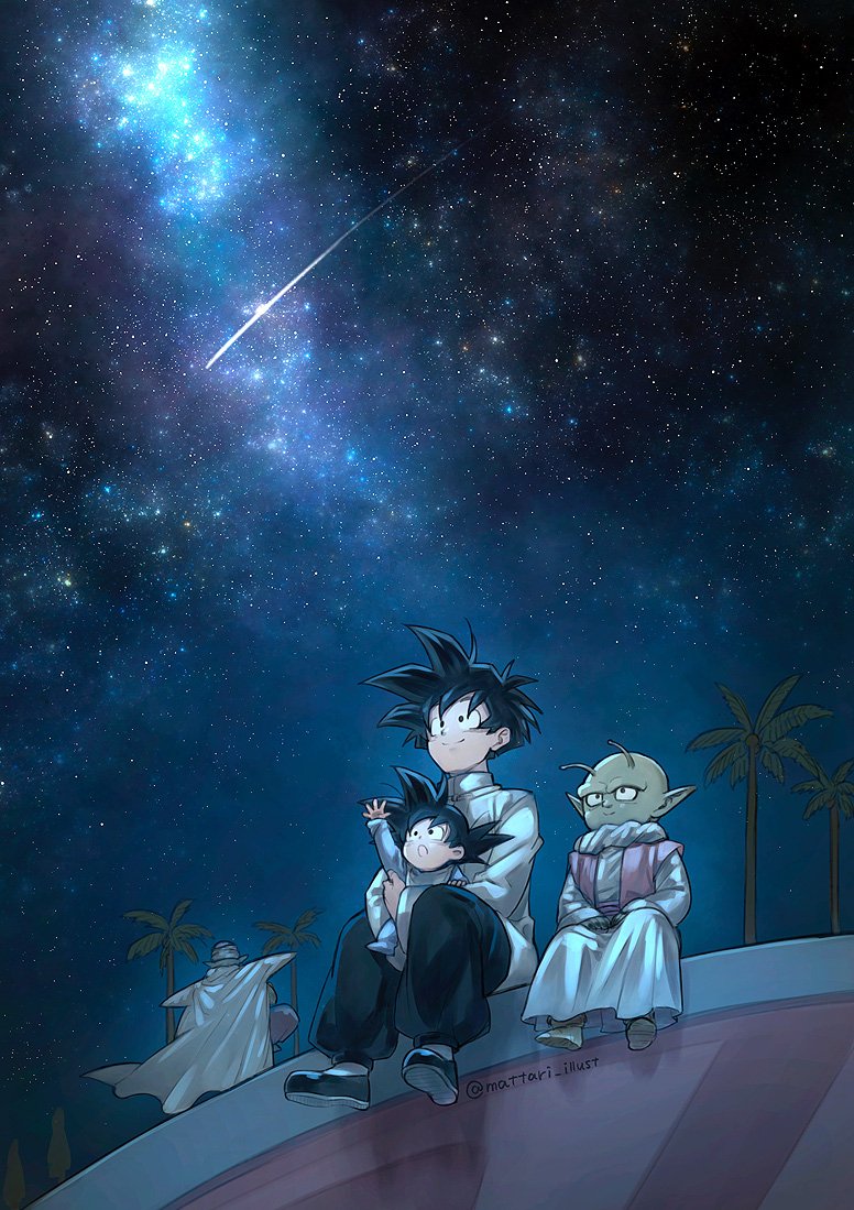 4boys :o antennae baby black_eyes black_footwear black_hair black_pants brothers cape chinese_clothes closed_mouth crossed_legs dende dragon_ball dragon_ball_z facing_away floating green_skin hands_on_lap happy kami's_lookout looking_up male_focus mattari_illust multiple_boys nebula night night_sky open_mouth outdoors outstretched_hand palm_tree pants piccolo pointy_ears shadow shirt shooting_star siblings sitting sitting_on_lap sitting_on_person sky smile son_gohan son_goten spiky_hair star_(sky) starry_sky surprised tree tunic turban twitter_username waistcoat white_shirt