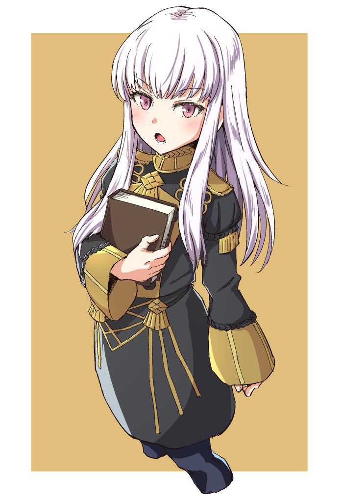 1girl book epaulettes fire_emblem fire_emblem:_three_houses garreg_mach_monastery_uniform holding holding_book long_hair long_sleeves lysithea_von_ordelia open_mouth pink_eyes simple_background solo starheart uniform white_hair