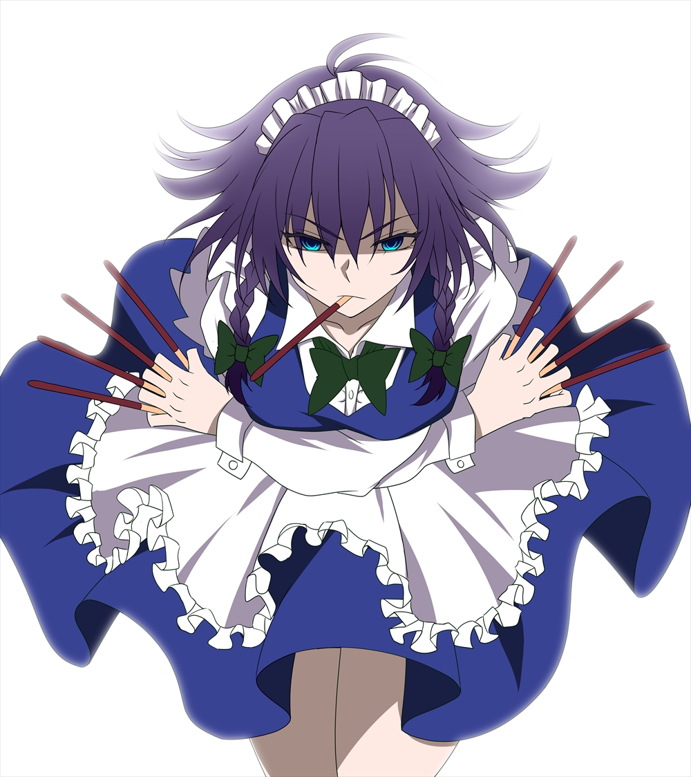 1girl antenna_hair backlighting between_fingers blue_eyes bow bowtie breasts commentary_request crossed_arms green_bow green_neckwear izayoi_sakuya looking_at_viewer maid maid_headdress medium_breasts mouth_hold pocky_day purple_hair serious side_braids solo touhou triple_wielding wrist_cuffs yagami_(mukage)