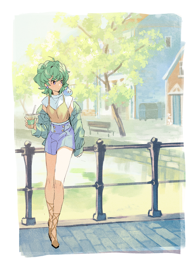 blue_eyes bridge circlet cup curly_hair dragon_quest dragon_quest_iv drink drinking_straw ebira fence full_body green_hair heroine_(dq4) high-waist_shorts holding holding_cup looking_to_the_side off-shoulder_jacket off_shoulder outdoors short_hair shorts slime_(dragon_quest) standing tree