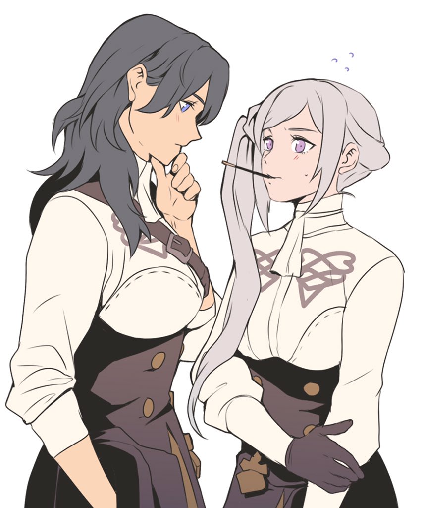 2girls alternate_costume alternate_hairstyle black_gloves black_hair blue_eyes blush breasts byleth_(fire_emblem) byleth_eisner_(female) cowboy_shot edelgard_von_hresvelg embarrassed face-to-face fire_emblem fire_emblem:_three_houses food garreg_mach_monastery_uniform gloves hand_on_own_chin long_hair long_sleeves looking_at_another medium_breasts mouth_hold multiple_girls neckerchief pocky pocky_day pocky_kiss profile radiostarkiller shirt shoulder_strap side_ponytail silver_hair simple_background skirt sleeves_rolled_up sweatdrop turtleneck violet_eyes white_background yuri