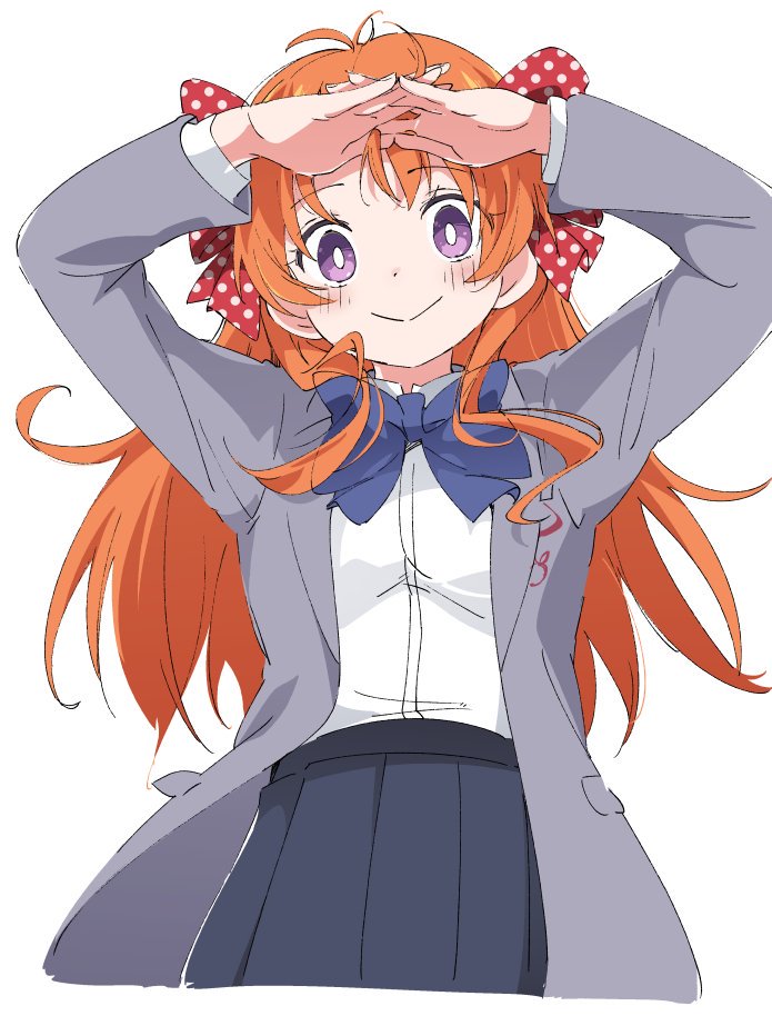 1girl black_skirt blue_neckwear blush bow bowtie closed_mouth eyebrows_visible_through_hair gekkan_shoujo_nozaki-kun grey_jacket hair_bow ixy jacket long_hair long_sleeves open_clothes open_jacket orange_hair polka_dot polka_dot_bow rouman_academy_uniform sakura_chiyo school_uniform shirt simple_background skirt smile solo violet_eyes white_background white_shirt