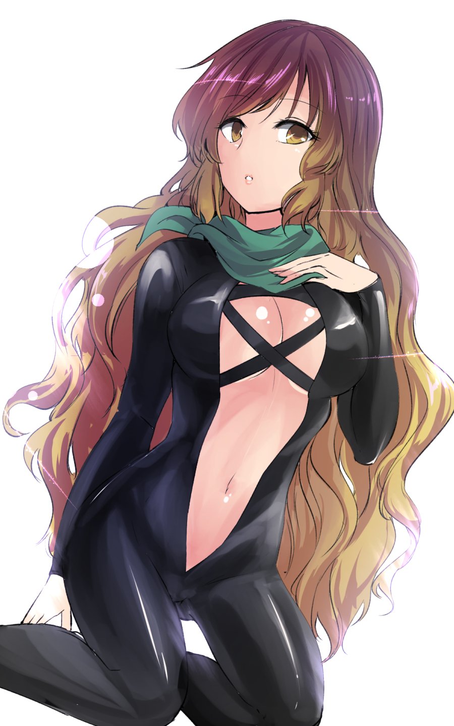 1girl bangs biker_clothes bikesuit blonde_hair bodysuit breasts brown_eyes commentary_request eyebrows_visible_through_hair feet_out_of_frame gradient_hair green_scarf hand_on_own_chest hand_up highres hijiri_byakuren kneeling large_breasts long_hair long_sleeves looking_at_viewer multicolored_hair navel open_bodysuit open_clothes parted_lips purple_hair scarf simple_background solo thighs touhou urban_legend_in_limbo very_long_hair white_background y2