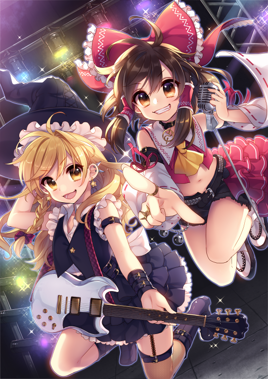 2girls :d adapted_costume ahoge arm_behind_head arm_strap arm_up ascot belt belt_collar black_shorts black_skirt blonde_hair boots bow braid brown_eyes brown_hair collar commentary_request cutoffs detached_sleeves ear_piercing earrings electric_guitar frills garter_straps grin guitar hair_bow hair_tubes hakurei_reimu hand_up hat holding holding_instrument holding_microphone instrument jewelry jumping kirisame_marisa layered_skirt long_hair long_sleeves looking_at_viewer masaru.jp microphone microphone_stand midriff miniskirt multiple_girls music navel open_mouth outstretched_arm overskirt piercing pointing pointing_at_viewer red_bow red_shirt red_skirt ring sheer_legwear shirt shoes short_shorts shorts side_braid single_thighhigh skirt skirt_set sleeveless sleeveless_shirt smile sparkle spiked_ring spikes stage star star_earrings thigh-highs touhou vest white_shirt wide_sleeves witch_hat wrist_straps yellow_eyes