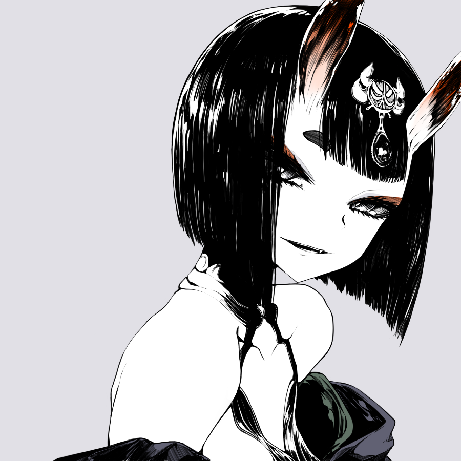 1girl bangs bob_cut eyelashes eyeliner fang fate/grand_order fate_(series) grey_background hair_ornament horns japanese_clothes makeup monochrome oni oni_horns open_mouth short_eyebrows short_hair shuten_douji_(fate/grand_order) simple_background skin-covered_horns solo spot_color susumu thick_eyebrows upper_body
